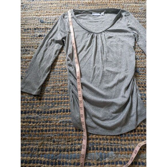 Y2K Metallic Gray Ruched Glitter Top S Scoop Neck 3/4 Sleeve Babydoll Shimmery B - Picture 3 of 6